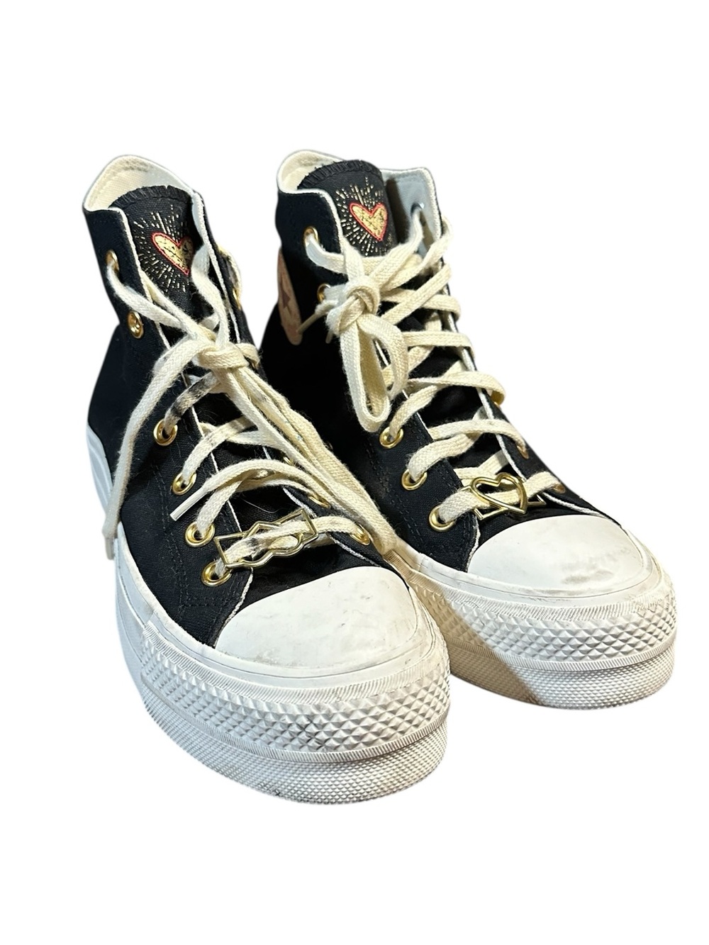 Converse Black High-Top Sneakers with Cream Laces and Pink Heart Detail - Picture 3 of 7